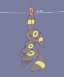 :&lt; blush clothes_pin clothesline dark_background from_side full_body hanging looking_at_viewer lovewolf5122 no_humans pokemon pokemon_(creature) simple_background solo umbreon 