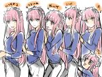  6+girls :d breasts brown_eyes casual chibi crown expressionless fate/grand_order fate_(series) girl_sandwich highres long_hair looking_at_viewer medb_(fate/grand_order) multiple_girls multiple_persona open_mouth pink_hair sandwiched shimo_(s_kaminaka) smile translated 