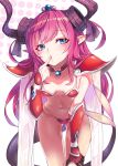  1girl armor ass_visible_through_thighs bangs bikini bikini_armor blue_eyes blush breasts cape ceda_(dace) collar elizabeth_bathory_(brave)_(fate) fate/extra fate/extra_ccc fate_(series) finger_to_mouth gauntlets half-closed_eyes horns kneeling lancer_(fate/extra_ccc) lips long_hair looking_at_viewer navel parted_lips pauldrons pink_hair pointy_ears red_bikini simple_background small_breasts solo swimsuit tail tiara white_background 