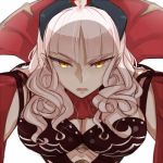  1girl breasts carmilla_(fate/grand_order) cleavage fate/grand_order fate_(series) grey_hair hollomaru horns large_breasts looking_at_viewer lowres solo white_background yellow_eyes 