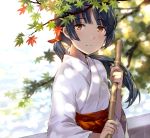  1girl autumn_leaves black_hair blurry blush bokeh broom brown_eyes day depth_of_field hair_ribbon holding japanese_clothes leaf light_smile long_hair long_sleeves looking_at_viewer maple_leaf miko original outdoors ponytail red_hakama red_ribbon ribbon solo tan_(tangent) upper_body wide_sleeves 