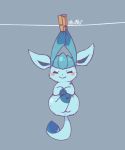  blue blue_background blush closed_mouth clothes_pin clothesline full_body glaceon hanging legs_up looking_at_viewer lovewolf5122 no_humans pokemon pokemon_(creature) simple_background smile solo 