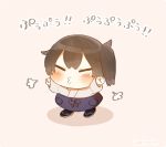  1girl angry beige_background blush brown_hair chibi closed_eyes commentary_request ina_(1813576) japanese_clothes kaga_(kantai_collection) kantai_collection o3o outstretched_arms sandals side_ponytail simple_background translation_request twitter_username visible_air younger 