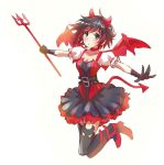  belt black_gloves black_hair demon_horns demon_tail demon_wings dress gloves horns iesupa polearm red_dress ruby_rose rwby tail thigh-highs trident weapon wings 