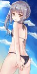  1girl alternate_costume ass blush bow breasts chiune_(yachi) clouds cloudy_sky day embarrassed eyebrows eyebrows_visible_through_hair from_behind hair_bow highres kantai_collection kasumi_(kantai_collection) lips long_hair looking_at_viewer midriff side_ponytail silver_hair sky small_breasts thighs yellow_eyes 
