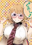  1girl breasts brown_eyes brown_hair glasses grin highres ishima_yuu jewelry large_breasts looking_at_viewer musical_note narusawa_ryouka necklace necktie occultic;nine pink-framed_eyewear polka_dot polka_dot_background school_uniform short_hair smile solo striped striped_necktie 