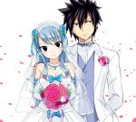  1boy 1girl black_eyes black_hair blue_hair bouquet breasts bridal_veil cleavage dress fairy_tail flower gray_fullbuster hand_on_another&#039;s_shoulder jewelry juvia_lockser large_breasts long_hair necklace petals rose_petals smile strapless strapless_dress tuxedo veil wedding_dress white_dress yue_(pixiv4635680) 
