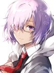  1girl arisaka_ako closed_mouth fate/grand_order fate_(series) glasses hair_over_one_eye highres hood hooded_jacket jacket lavender_eyes lavender_hair necktie portrait red_necktie rimless_glasses shielder_(fate/grand_order) short_hair smile solo white_background 