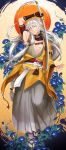  1boy absurdres armor black_gloves fang flower gloves hakama highres japanese_armor japanese_clothes katana kogitsunemaru leaf male_focus morning_glory partly_fingerless_gloves red_eyes sandals sine smile sode sword tabi touken_ranbu weapon white_hair 