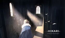  1girl back blonde_hair blue_cape blue_ribbon braid cape chandelier character_name commentary fate/grand_order fate_(series) fur_cape hallway light_rays looking_to_the_side reroi ribbon saber scenery shadow short_hair solo stone_wall wall window 