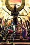  2girls anubis cleopatra_(fate/grand_order) cobra_(animal) dark_skin fate/grand_order fate_(series) green_hair highres jewelry long_hair multiple_girls nitocris_(fate/grand_order) purple_hair scepter sitting sitting_on_stairs stairs statue very_long_hair 