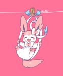  =_= blush clothes_pin clothesline fang full_body hanging happy looking_at_viewer lovewolf5122 no_humans pink pink_background pokemon pokemon_(creature) simple_background solo swinging sylveon 