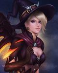  1girl alternate_costume blonde_hair blue_background blue_eyes breasts brown_gloves capelet cleavage earrings ears elbow_gloves gloves glowing glowing_wings halloween halloween_costume hat highres jack-o&#039;-lantern_earrings jewelry light_smile lips looking_at_viewer mercy_(overwatch) nindei nose overwatch realistic short_sleeves small_breasts solo upper_body watermark web_address wings witch witch_hat witch_mercy 