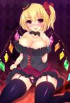  1girl alternate_costume alternate_headwear argyle argyle_background bare_shoulders black_legwear black_panties blonde_hair blush bow breasts cleavage collarbone corset crystal curvy dress finger_to_mouth flandre_scarlet garter_straps hair_bow halloween hat highres large_breasts looking_at_viewer mini_hat mini_top_hat naughty_face oppai_loli panties pantyshot pantyshot_(standing) red_bow red_dress red_eyes saliva saliva_trail short_dress side_ponytail sitting solo standing tamano_nae thigh-highs tongue tongue_out top_hat touhou underwear wariza wings 