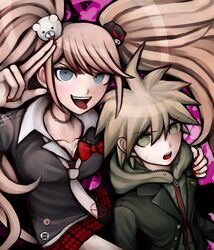  1boy 1girl blonde_hair blue_eyes dangan_ronpa dangan_ronpa_1 enoshima_junko hair_ornament highres hug long_hair naegi_makoto nail_polish official_style salute tezurumozuru tongue twintails two-finger_salute 