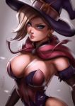  1girl alternate_costume blonde_hair blue_eyes breasts cleavage dandon_fuga hat jack-o&#039;-lantern jack-o&#039;-lantern_earrings looking_at_viewer mechanical_wings mercy_(overwatch) overwatch smile solo upper_body wings witch_hat witch_mercy 