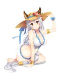 1girl animal_ears armlet ass bangs bare_shoulders blush bracelet braid breasts cat_ears cleavage closed_mouth erun_(granblue_fantasy) flower granblue_fantasy hair_between_eyes hair_tubes hand_on_headwear hat hat_flower hazuki_(115483948) heles hibiscus highres jewelry large_breasts long_hair looking_at_viewer one-piece_swimsuit silver_hair simple_background single_braid sitting smile solo sun_hat swimsuit very_long_hair white_background white_swimsuit yellow_eyes 