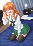  1girl :d ^_^ adjusting_glasses alarm_clock bed_sheet bedroom breasts clock closed_eyes collarbone dated embarrassed flying_sweatdrops girls_und_panzer glasses impossible_clothes impossible_shirt lamp large_breasts long_hair miyai_max neckerchief on_bed open_mouth orange_hair pillow pleated_skirt red-framed_eyewear school_uniform seiza semi-rimless_glasses serafuku shiny shiny_hair shirt sidelocks signature sitting skirt smile solo takebe_saori television thigh-highs under-rim_glasses 
