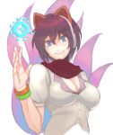 1girl ahri alternate_costume animal_ears arcade_ahri blue_eyes bracelet breasts cleavage fox_ears fox_tail headphones highres jewelry large_breasts league_of_legends mole mole_under_eye multiple_tails nail_polish purple_hair red_scarf scarf short_hair solo tail 