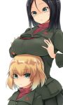  2girls amai_nekuta bangs black_hair black_skirt blonde_hair blue_eyes breast_rest breasts breasts_on_head cellphone closed_mouth empty_eyes fang girls_und_panzer green_jacket highres jacket katyusha large_breasts long_hair long_sleeves looking_at_another looking_at_viewer multiple_girls nonna open_mouth phone pleated_skirt red_shirt school_uniform serious shirt short_hair simple_background skirt smartphone standing sweatdrop swept_bangs tawawa_challenge turtleneck white_background 