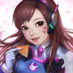  1girl bangs bodysuit brown_eyes brown_hair bunny_print chalii d.va_(overwatch) doritos facepaint facial_mark food gloves headphones high_collar holding holding_food lips lipstick long_hair looking_at_viewer makeup nose overwatch parted_lips pilot_suit pink_background pink_lipstick portrait ribbed_bodysuit shoulder_pads smile solo swept_bangs whisker_markings white_gloves 