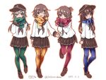  2015 4girls :o :t ;d akatsuki_(kantai_collection) alternate_legwear anchor_symbol arm_at_side arms_at_sides bangs blouse blue_eyes blue_legwear blue_scarf blush breasts brown_eyes brown_hair brown_shoes brown_skirt closed_mouth dated eyebrows eyebrows_visible_through_hair fang flat_cap folded_ponytail full_body green_legwear green_scarf grey_hair hair_between_eyes hair_ornament hairclip hat hibiki_(kantai_collection) ikazuchi_(kantai_collection) inazuma_(kantai_collection) kantai_collection loafers long_hair long_sleeves looking_at_viewer miniskirt multiple_girls neckerchief one_eye_closed open_mouth pantyhose plaid plaid_scarf pleated_skirt polka_dot polka_dot_scarf pout red_legwear red_scarf sasachin_(k+w) scarf school_uniform serafuku shoes short_hair simple_background skirt small_breasts smile standing standing_on_one_leg striped striped_scarf thigh_gap twitter_username white_background white_blouse yellow_legwear yellow_scarf 