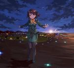  1girl airport black_legwear blush brown_hair clouds commentary cravat dark happy highres hill horizon lights looking_at_viewer night open_mouth original outstretched_arms pantyhose runway shadow skirt sky solo star_(sky) stewardess tan_(tangent) two_side_up uniform walking 