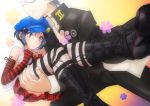  1boy 1girl blush boots carrying elbow_gloves fingerless_gloves glasses gloves hat head_out_of_frame highres hori_shin marie_(persona_4) narukami_yuu persona persona_4 persona_4_the_golden princess_carry school_uniform striped striped_gloves striped_legwear thigh-highs 