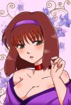  1girl bare_shoulders breasts brown_eyes brown_hair choker cleavage collarbone floral_background hairband hand_up japanese_clothes kanzaki_sumire kimono looking_at_viewer mole mole_under_eye off_shoulder pink_background ribbon ribbon_choker rio_(mintboo) sakura_taisen short_hair solo violet_(flower) whorled_vine 