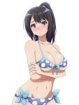  1girl bikini black_hair blue_bikini blush breast_hold breasts cleavage front-tie_top groin hibike!_euphonium high_ponytail highres kousaka_reina large_breasts long_hair looking_at_viewer mameshiba navel polka_dot polka_dot_bikini side-tie_bikini simple_background solo swimsuit under_boob violet_eyes white_background 