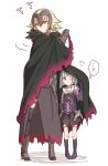  2girls ? ?? armor cape fate/grand_order fate_(series) fur-trimmed_cape headpiece highres hollomaru jeanne_alter multiple_girls one_eye_closed ruler_(fate/apocrypha) short_hair violet_eyes white_background yellow_eyes 