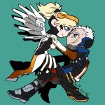  1boy 1girl high_ponytail jacket lillu long_hair mask mechanical_halo mechanical_wings mercy_(overwatch) overwatch short_hair soldier:_76_(overwatch) spread_wings visor wings 