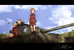  3girls absurdres assam bangs black_boots black_skirt blonde_hair blue_eyes boots braid churchill_(tank) clouds cloudy_sky cup darjeeling emblem girls_und_panzer ground_vehicle hair_ribbon highres holding jacket leaf letterboxed light_smile long_sleeves military military_uniform military_vehicle miniskirt motor_vehicle multiple_girls orange_hair orange_pekoe outdoors pleated_skirt red_jacket ribbon sanshouuo short_hair sitting skirt sky st._gloriana&#039;s_(emblem) standing tank teacup tied_hair tree twin_braids uniform wind 