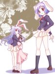  animal_ears barefoot black_hair blazer blue_hair bunny_ears bunny_tail full_moon hug inaba_tewi loafers moon multiple_girls pleated_skirt rabbit_ears red_eyes reisen reisen_udongein_inaba shoes skirt tail tiptoes tougall touhou 