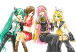  bad_id belt blonde_hair boots breasts brown_hair cleavage detached_sleeves green_eyes hair_ornament hair_ribbon hairclip hand_holding hatsune_miku headset holding_hands kagamine_rin long_hair megurine_luka meiko midriff navel necktie pink_hair red_eyes ribbon sakura_(ms_ms_ms) short_hair skirt thigh-highs thighhighs twintails very_long_hair vocaloid zettai_ryouiki zipper 