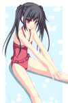  blush flat_chest frilled_swimsuit frills highres k-on! long_hair nakano_azusa one-piece one-piece_swimsuit open_mouth red_eyes sitting solo swimsuit tenmaso twintails 