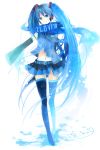  blue_eyes blue_hair detached_sleeves hair_ornament hatsune_miku long_hair miniskirt miyake_achi navel necktie pleated_skirt scarf simple_background skirt solo standing thigh-highs thighhighs twintails very_long_hair vocaloid zettai_ryouiki 
