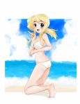 barefoot beach bikini blonde_hair blue_eyes highres k-on! kneeling kotobuki_tsumugi side_ponytail solo stick swimsuit tera_(teraura) 