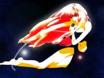  blonde_hair blue_eyes earrings f_(pixiv) f_(pixiv6215) jewelry legs long_hair lying macross macross_frontier microphone midriff outstretched_arm sheryl_nome smile solo space very_long_hair 