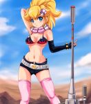  belt bikini_top blonde_hair blue_eyes breasts chopsticks cosplay crossover elbow_gloves erect_nipples gloves gun hair_ornament midriff mushroom nintendo pink_thighhighs ponytail princess_peach rifle scarf short_shorts shorts sigurdhosenfeld sniper_rifle solo super_mario_bros. tengen_toppa_gurren_lagann thigh-highs thighhighs under_boob underboob weapon yoko_littner yoko_littner_(cosplay) yoko_ritona yoko_ritona_(cosplay) 