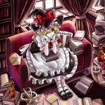  book bottle braid couch fullerene fullerene_(pixiv) gloves hat highres kirisame_marisa mary_janes shoes short_hair touhou wink witch_hat yellow_eyes 