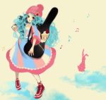  beanie bunny curly_hair dress guitar_case hat instrument_case juice_box mokaffe musical_note original rabbit 