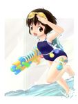  bottle brown_eyes brown_hair child dutch_angle goggles highres ironiso one-piece one-piece_swimsuit original running salute short_hair swimsuit wading water water_balloon water_bottle water_gun 