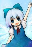  blue_eyes blue_hair child cirno dress fang hair_ribbon happy ribbon short_hair touhou v 