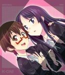  akiyama_mio black_hair blue_eyes brown_eyes brown_hair face glasses k-on! long_hair manabe_nodoka multiple_girls red-framed_glasses school_uniform semi-rimless_glasses short_hair under-rim_glasses v zpolice 