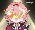  1girl cape choker fingerless_gloves gloves hairband head_wings hololive index_finger_raised kamina_shades kukie-nyan pink_hair spotlight takane_lui twitter_username virtual_youtuber 