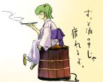  green_hair hair_bobbles hair_ornament japanese_clothes kiseru kisume mist_(artist) pipe sandals shoe_dangle short_hair sitting smoking touhou translation_request 