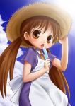  bad_id brown_eyes brown_hair cloud clouds hat hidoi kikai_(pixiv141279) open_mouth popsicle short_sleeves sky straw_hat tongue twintails 