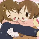  brown_eyes brown_hair closed_eyes gloves hirasawa_ui hirasawa_yui hug k-on! kl mittens multiple_girls scarf shared_scarf short_hair siblings sisters smash_cheek wink 