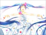  1girl blue_hair bracelet closed_eyes dress flower hatsune_miku head_wreath jewelry long_hair memayuta open_mouth outstretched_arms solo spread_arms strapless_dress twintails very_long_hair vocaloid white_background 